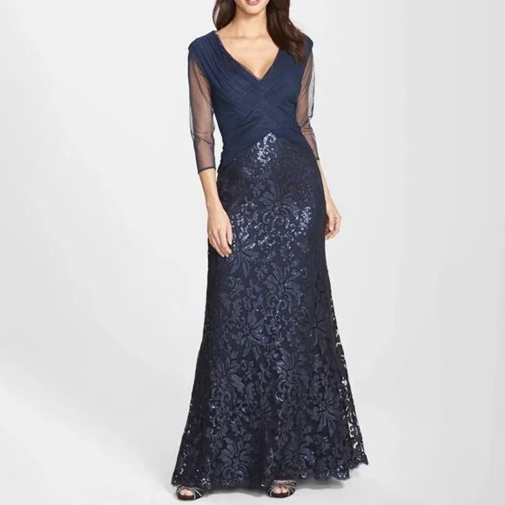 Tadashi Shoji Sequin Lace Gown Navy Sheer Sleeve Maxi Gown‎ Sz 6 Wedding Mother